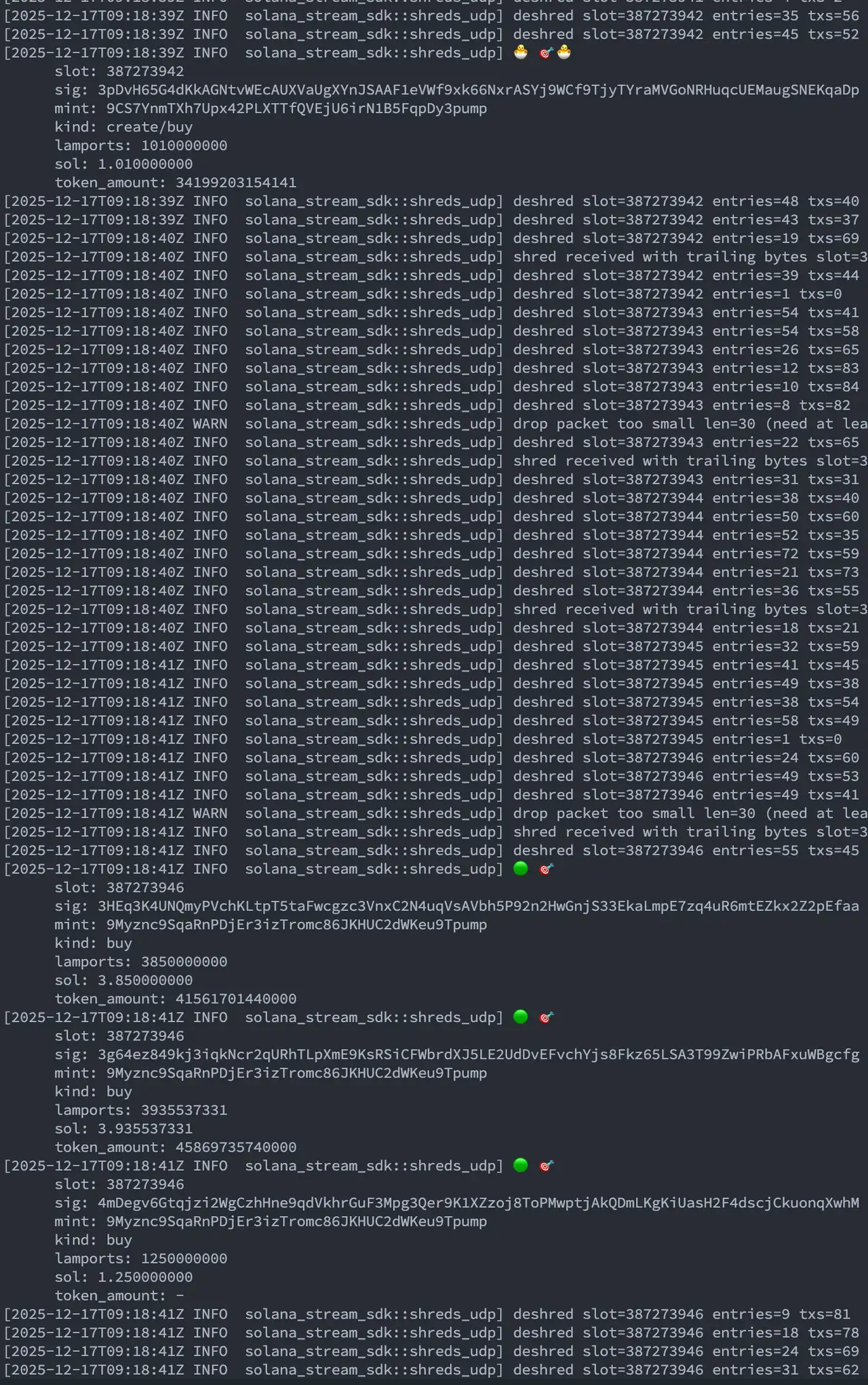 Example log of pump.fun token mint and trade detection via UDP Shreds