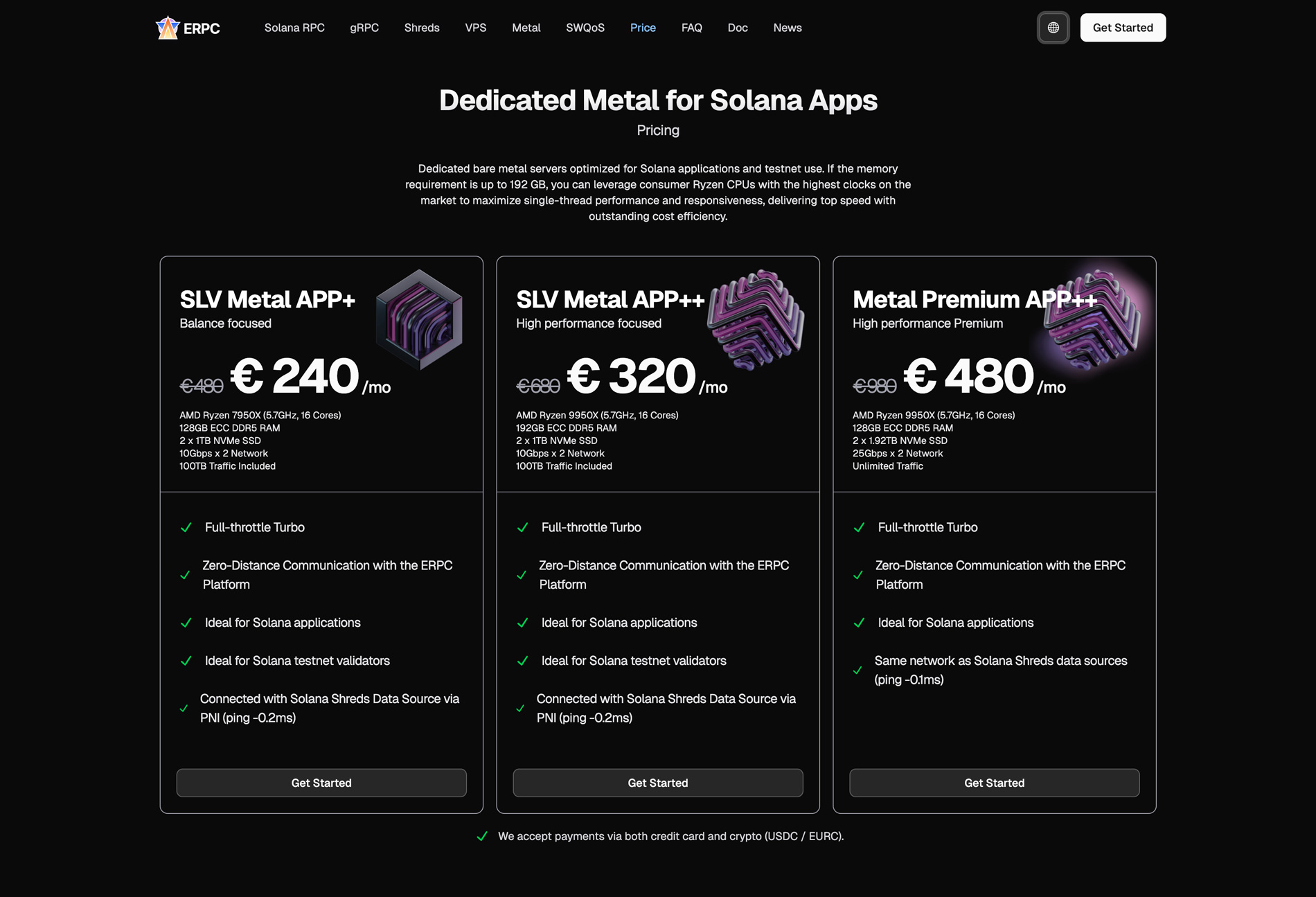 Dedicated Metal for Solana Apps Price List